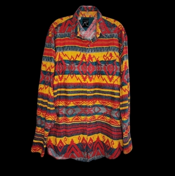 VTG Roper Western Cowboy Button Up Shirt Aztec Tribal All Over Print Men's XL 36